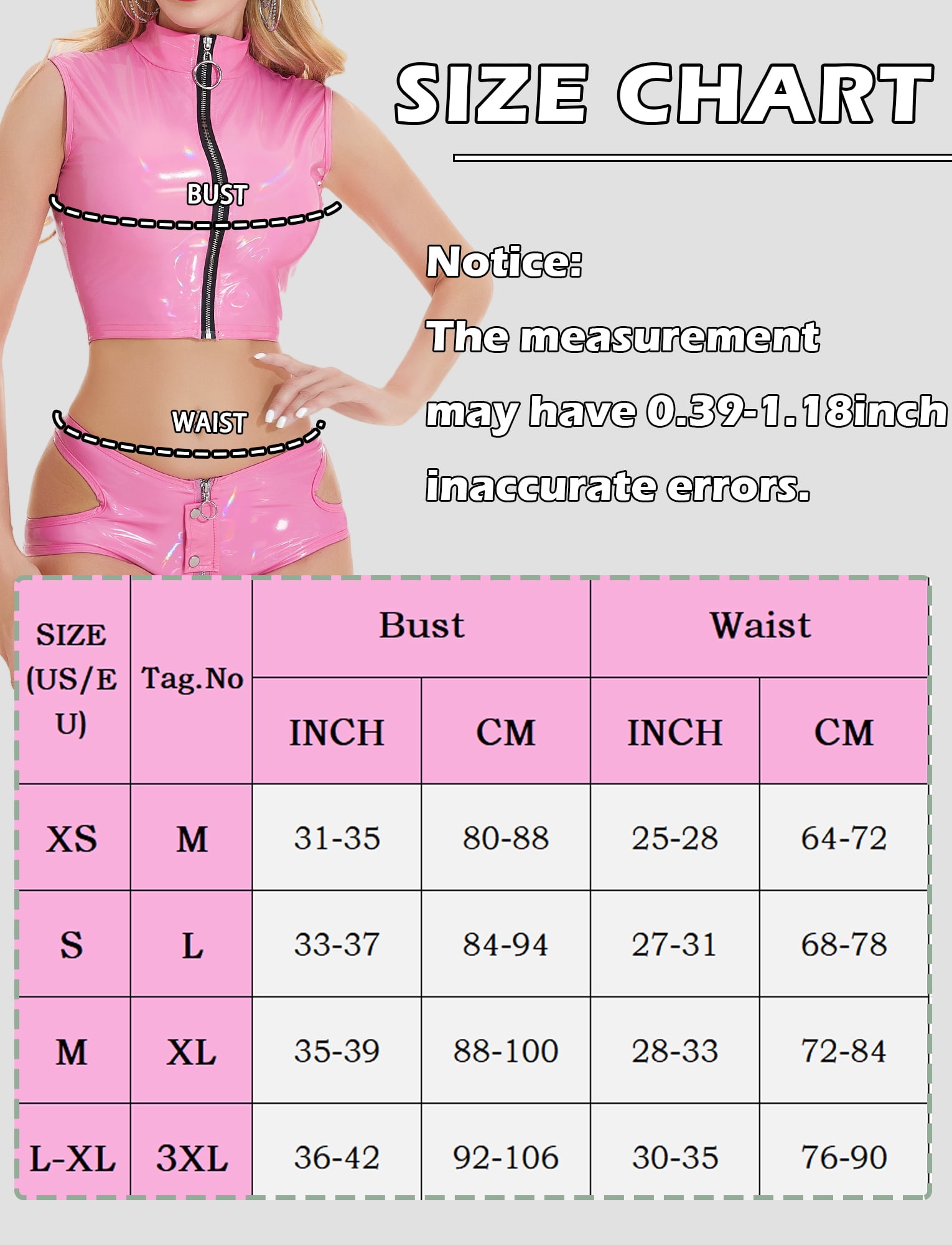 Ausing Womens Rave Outfits PU Leather Set Shiny Zipper Crop Top and Booty Shorts Wet Look Clubwear Dance Party Nightclub Stage Performance 2 Piece Pink S