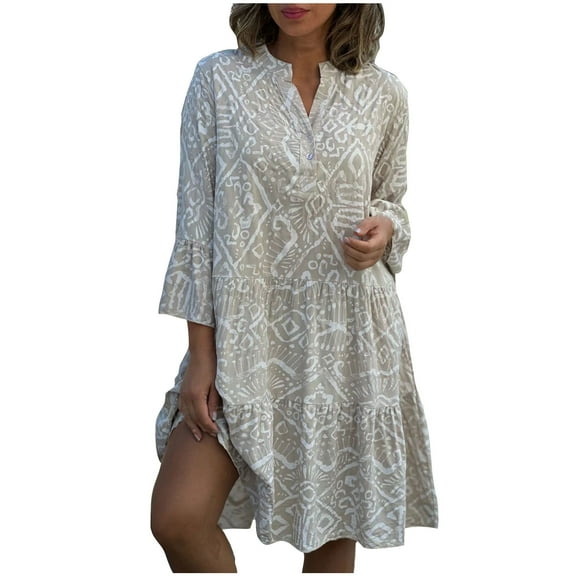 Hvot&aat Women's Summer Boho Dress 3/4 Sleeve Ruffle Print Dresses v Neck Pleated Flowy Swing Knee-Length Sundresses