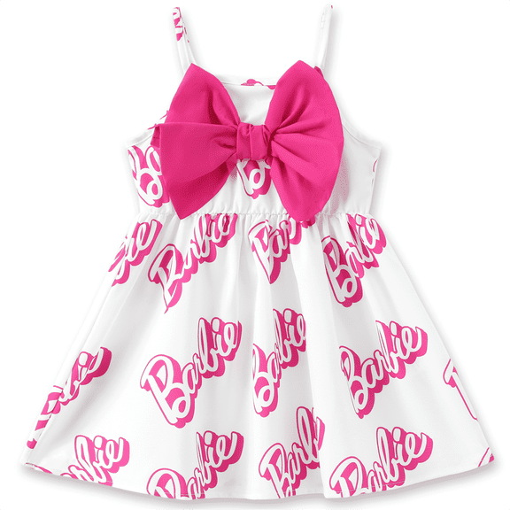 Barbie Girls Dress Roseowhite Allover Letter Print Bowknot Sleeveless Summer Dresses Sizes 7-8 Years