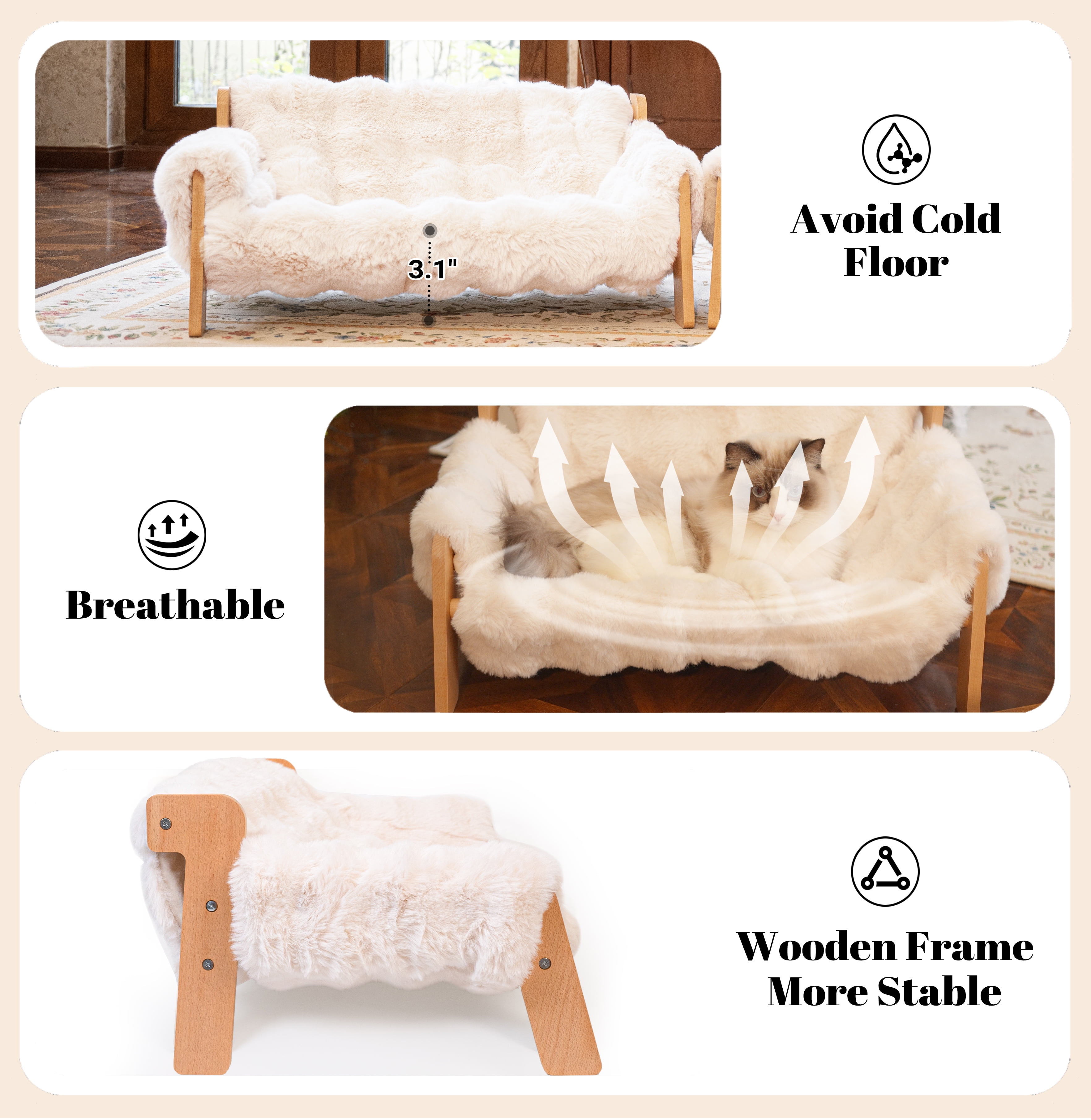 CheerPals Raised Cat Bed, Elevated Wooden Cats Sofa Fluffy Pets Lounge Chair, off-White(27.2"X18.6"X11.8)
