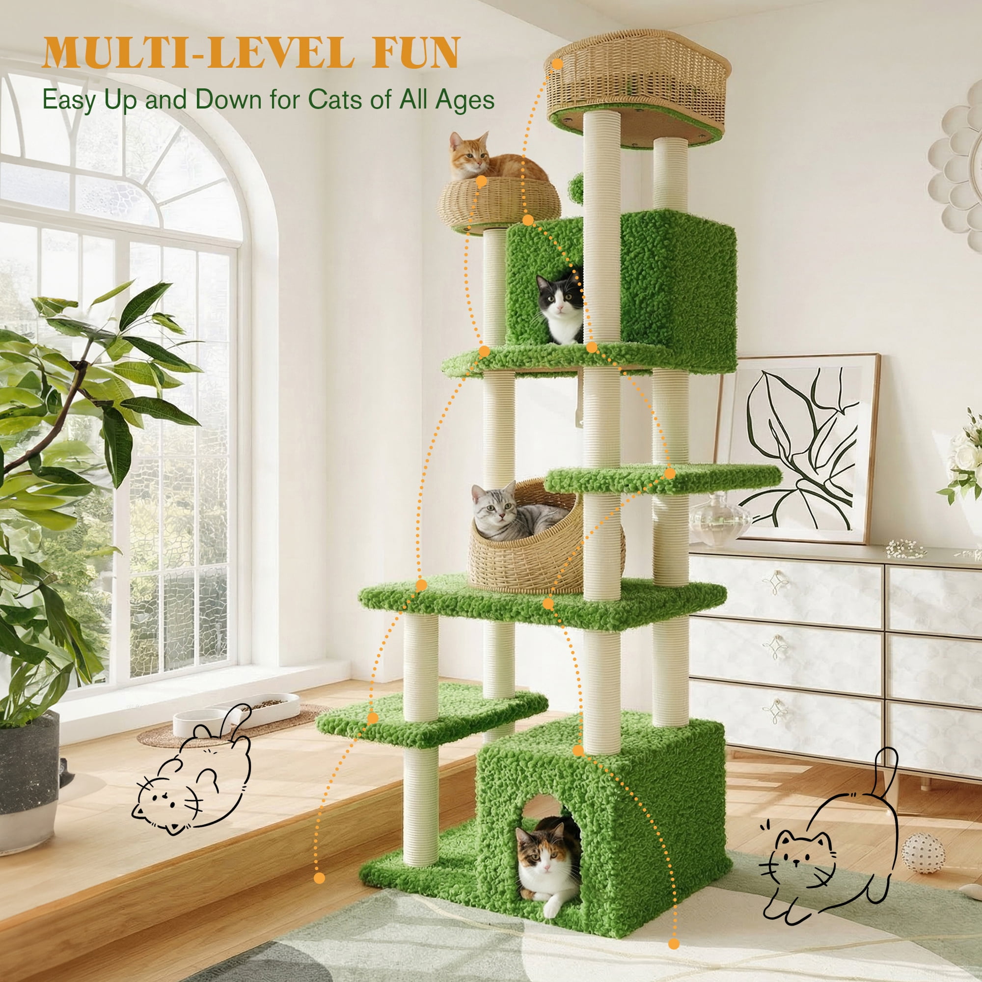 Merrland 74" Cat Tree for Indoor Cats and Kittens, Multi-Level Cat Tower with Teddy Fleece & Rattan Condo, Dual-Sided Cushion Design, Green