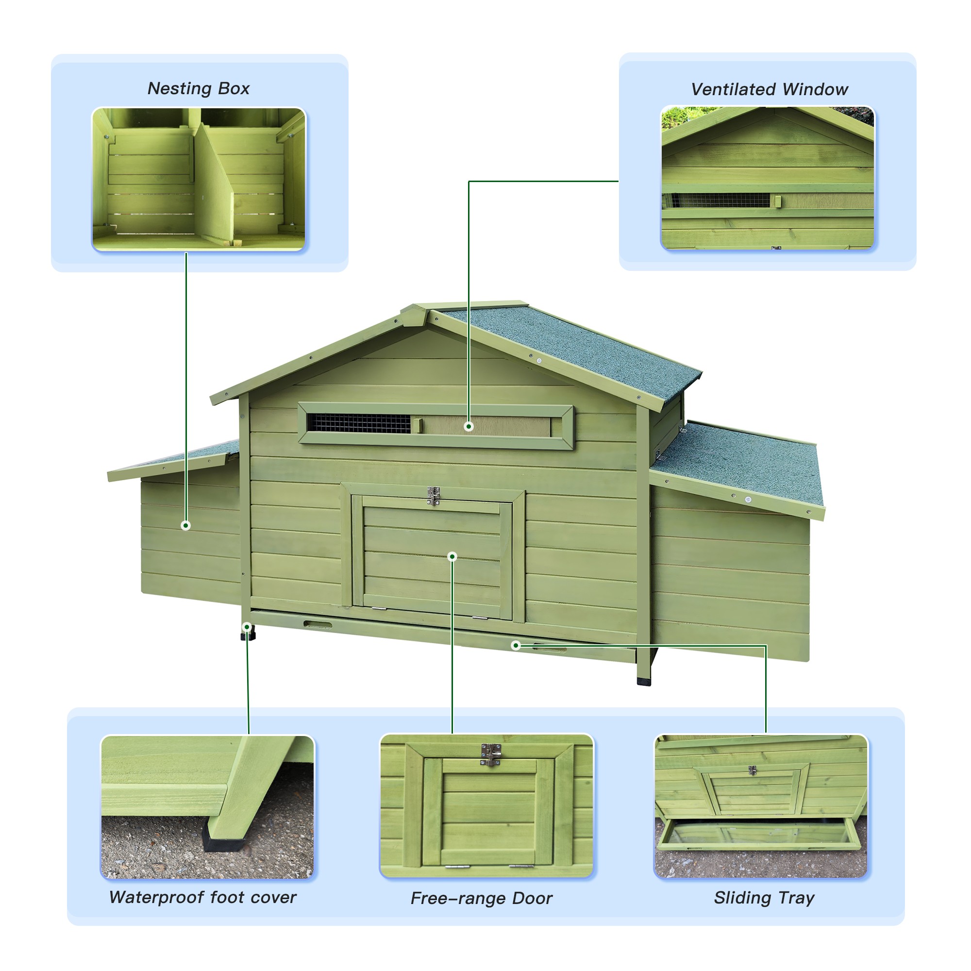 Pefilos 67" Wood Chicken Coop for Outdoor with Water-Resistant Roofs, Large Hen House with Nest Boxes, Rabbit Hutch Poultry Cage, Green