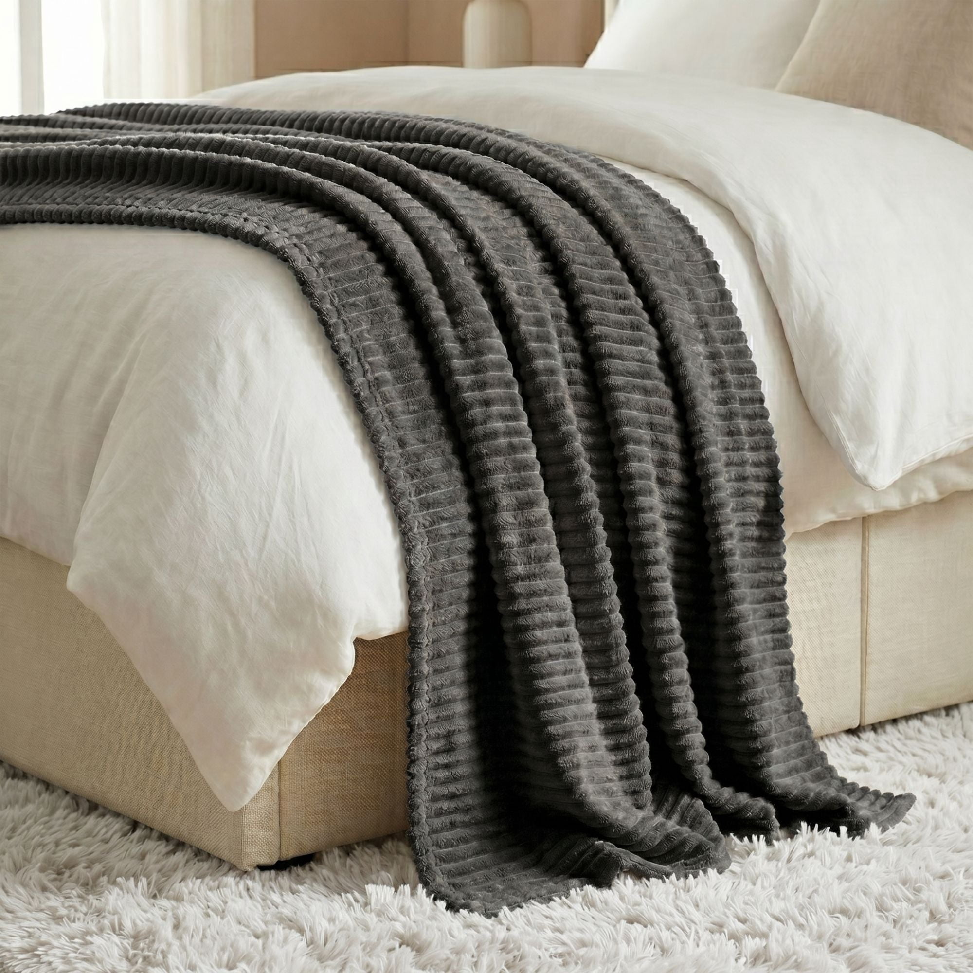 Superior Kacey Ribbed Fluffy Fleece Blanket, Full Queen Size, Charcoal