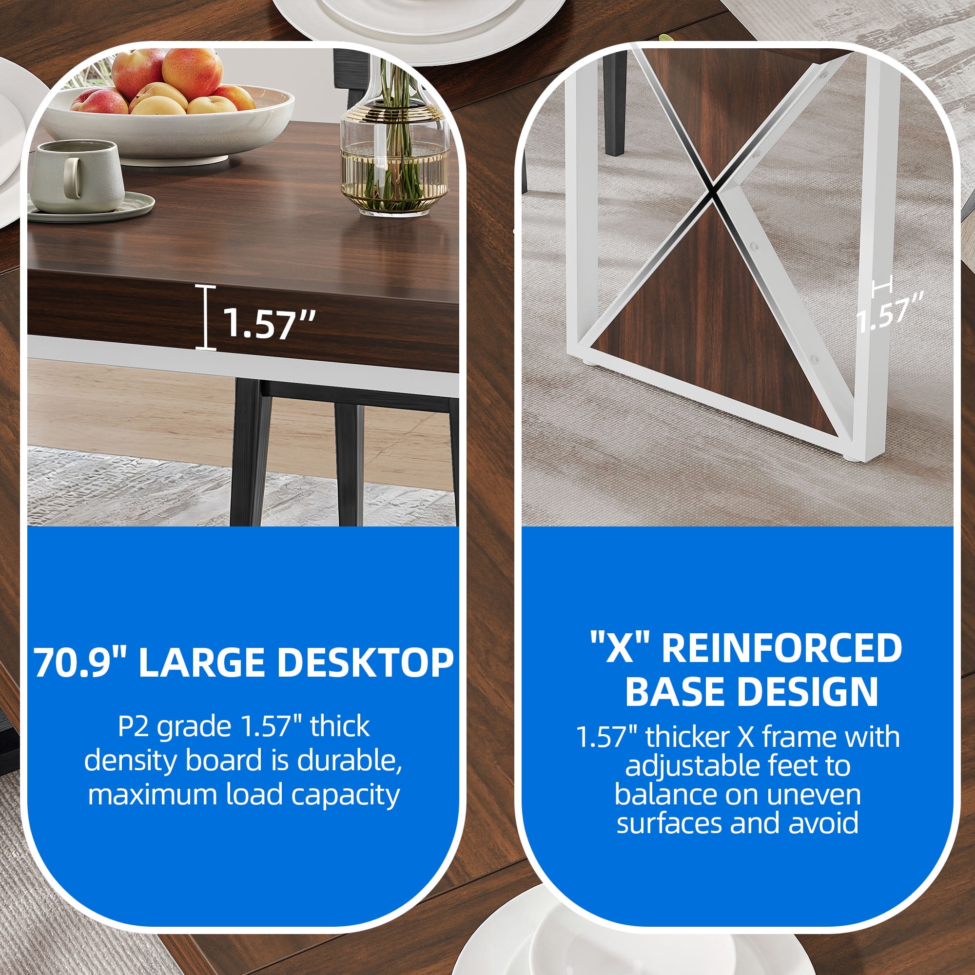 Dextrus 70" Dining Table for 6-8 People, Large Rectangular Wood Kitchen Table Farmhouse Dinner Table with Metal Legs for Dining Room, Kitchen, Brown & White