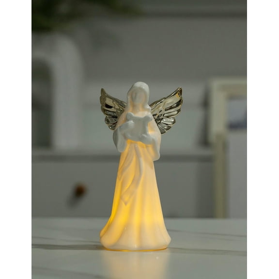 Porcelain Angel Figurine with Lyre, White Translucent Ceramic Angel Statue - Elegant Guardian Angel Decorative Figurine for Christmas, Sympathy , or  Display, 8 Inches