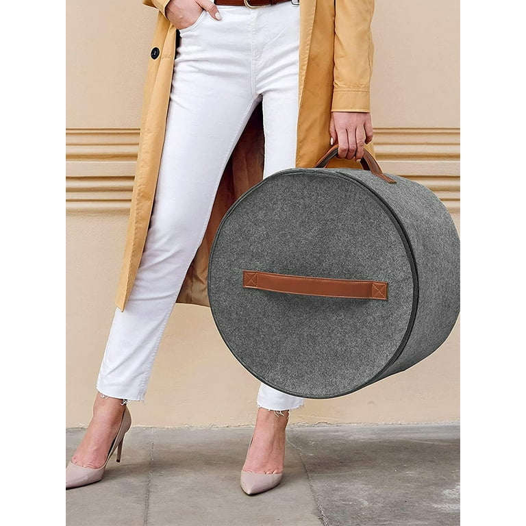 Hat Box 17x17x10in Large Capacity Gray Felt Hat Storage Container Round  Foldable Double Opening Zipper Dust-Proof Hat Storage Bag with Visible  Window for Travel Dorm Home 