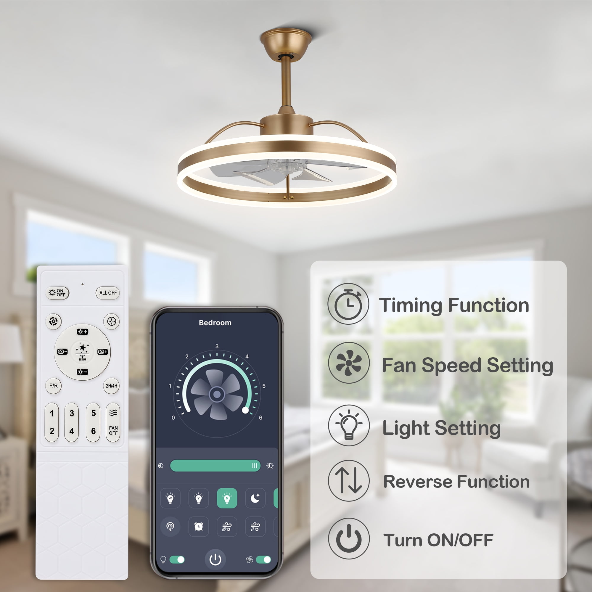 Bella Depot Modern 24'' 34W LED Light Reversible Ceiling Fan with Remote and App Control
