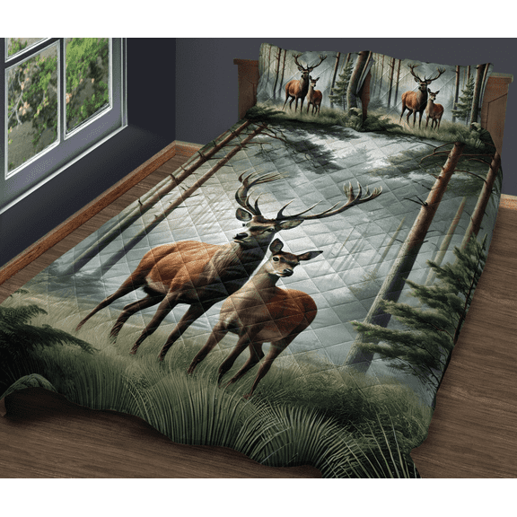 Lotusprinthandmade Deer Hunting Quilt Bedding Set Fold Hem 55x60