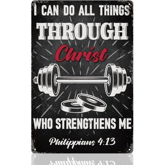 Home Gym Barbell Wall Decor Sign I Can Do All Things Through Christ Who Strengthens Me Motivational Quote Wall Art Vintage Metal Tin Poster for Home Workout Fitness Room Decor Gift for Man