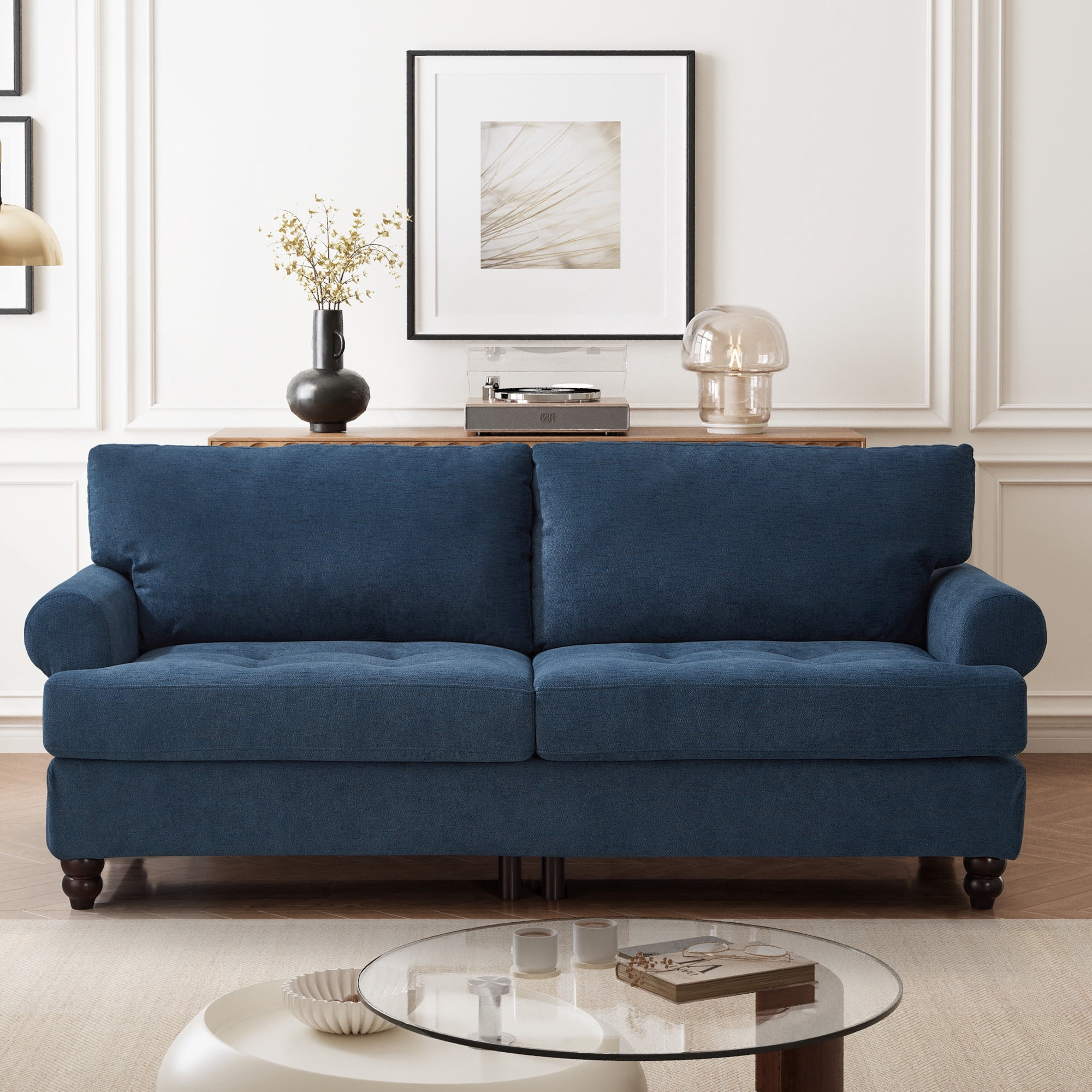 Me'on 81" Rolled Arm Sofa Couch with Storage, Mid Century Modern Decor Upholstered Couches for Living Room, Button Tufted Loveseat for Bedroom, Blue