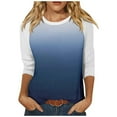 thumbnail image 2 of qelini T-shirts for Women with Round Neck School Season Solid Color 3/4 Sleeved Gradient Printed Loose Casual Daily Wearing Basic Tops Juniors Summer Comfortable 1Pack Blue 2XL, 2 of 5
