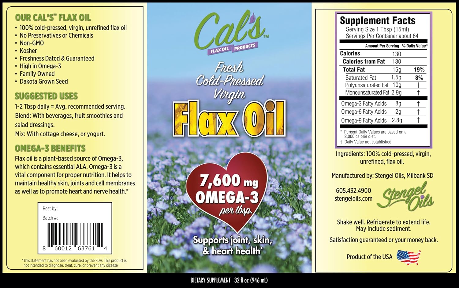 Cal's Flax Oil - Omega-3, 100% Pure Flaxseed Oil - 32 oz