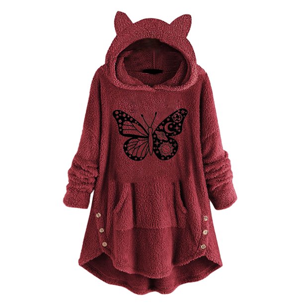 Sudadera con capucha y cremallera Gibobby Gorro con orejas de manga larga para mujer Vino M