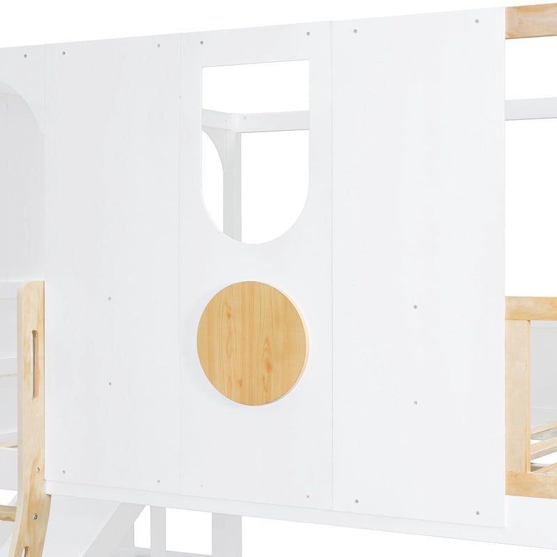 Full Size Versatile Kids Loft/Bunk Bed with Floor Bed, House Bed Frame with Slide, Storage Shelves and Guardrails
