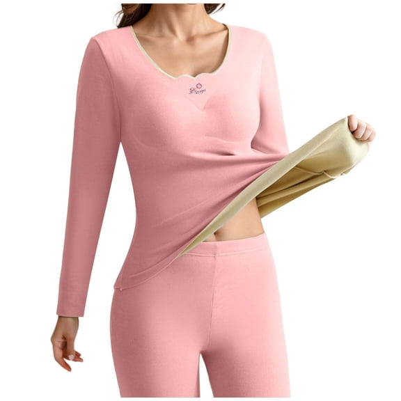 ibiyuan Thermal Underwear for Women Long Johns with Lined Base Layer Womens Thermals Top and Bottom Set Cold Weather,Pink