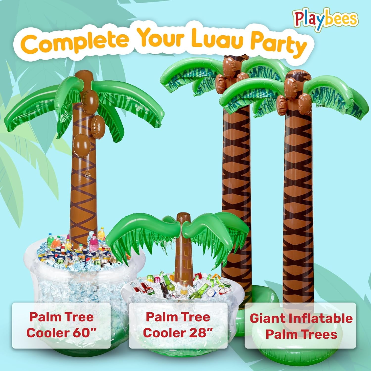 Playbees Inflatable Palm Tree Cooler 60" - 2 Pack Blow Up Palm Tree Party Cooler, Luau Hawaiian Tropical Beach Theme, Summer Swimming Pool Party Decorations - Outdoor Party Supplies - Kids Adults