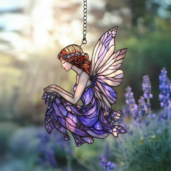 Purple Fairy Acrylic Suncatcher, Enchanted Forest Faux Stained Glass Window Hanging for Fairy Garden and Fantasy Decor Lovers