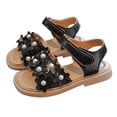 thumbnail image 2 of XIMIN Girls Open-Toe Sandals with Flower Pearl Applique Adjustable Ankle Strap Non-Slip Flat Sole Cute Casual Summer Beach Sandals (Black, 3-3.5 Years), 2 of 7