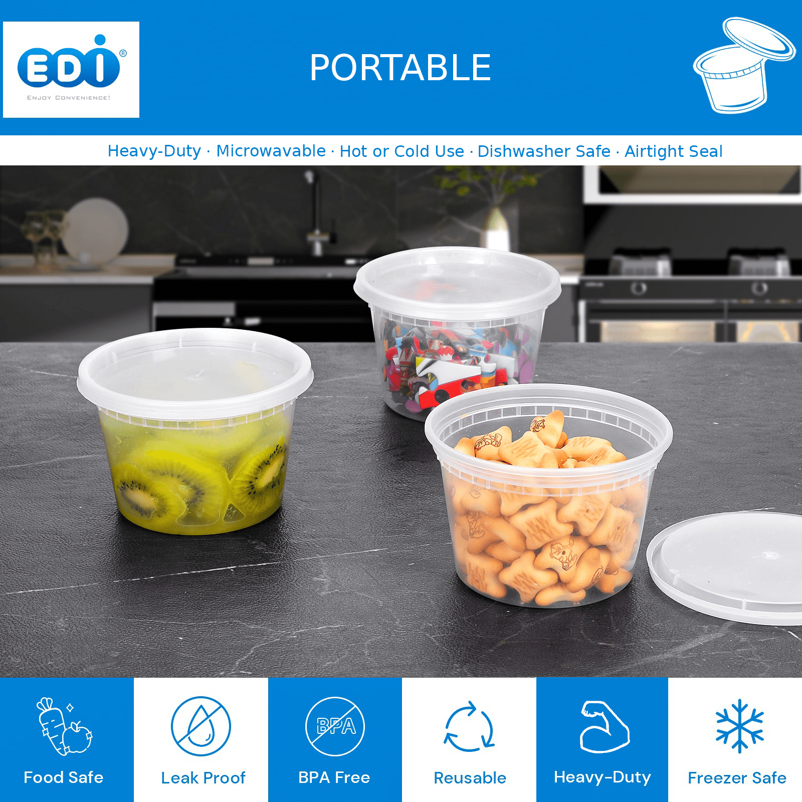 Elegant Disposables 24 OZ - 24 Sets Plastic Deli Food Storage Containers  with Airtight Flexible Lids Microwavable, Leak Free, Washable, Freezer Safe.