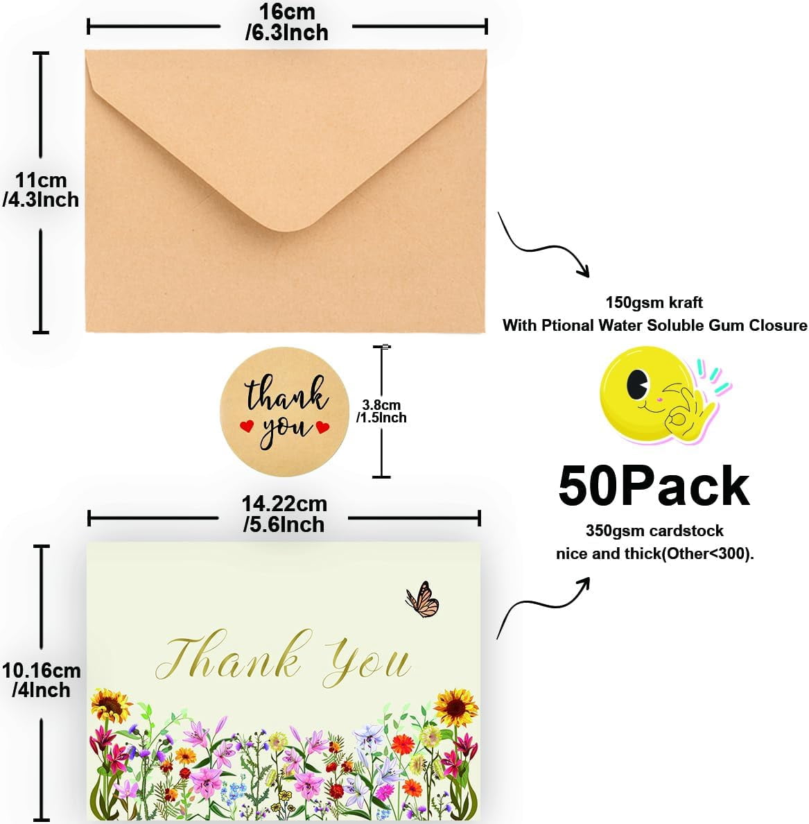 50 Pack 350GSM | Thank You Gifts | Thank You Cards with Envelopes | Small & Baby Shower & Wedding Thank You Cards | Thank You Notes & Cards for Teacher, Graduation, Business, Holiday, and Christmas
