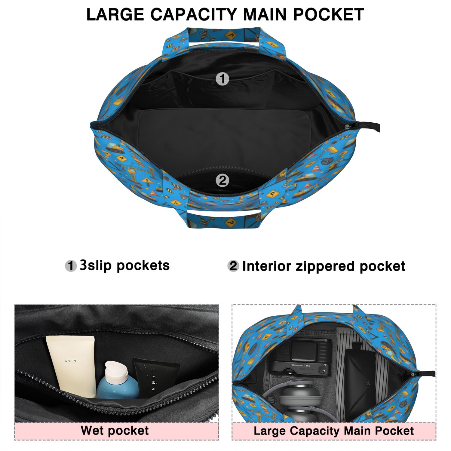 Cartoon Construction Vehicles Signs Blue Pattern Travel Tote Bags for Women Carry On,Large Weekender Bags for Women Travel,Multi Functional Duffle Bag for Work,Shopping,Sports