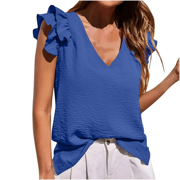 ZQGJB Summer Womens Tank Tops Loose Fit Casual Ruffle Sleeveless V Neck Solid Color Basic Tees Blouse Oversized Basic Cotton Linen Shirts Blue XXL