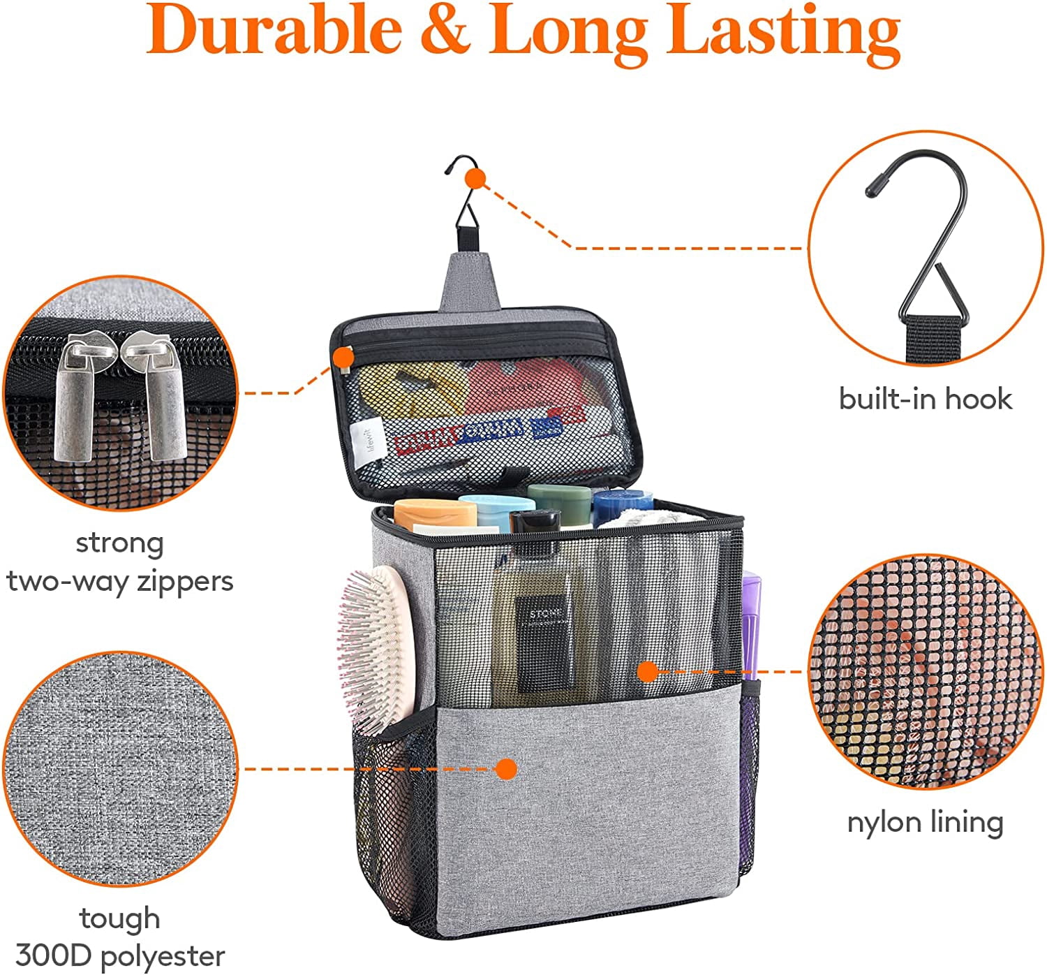 RGHJAR-Shower Bag Mesh Shower Caddy Portable College Dorm Room Essentials Tote Bag for Bathroom, Gym, Travel, Camping Quick Dry Hanging Shower Organizer Basket Toiletry Bag, Large, Grey