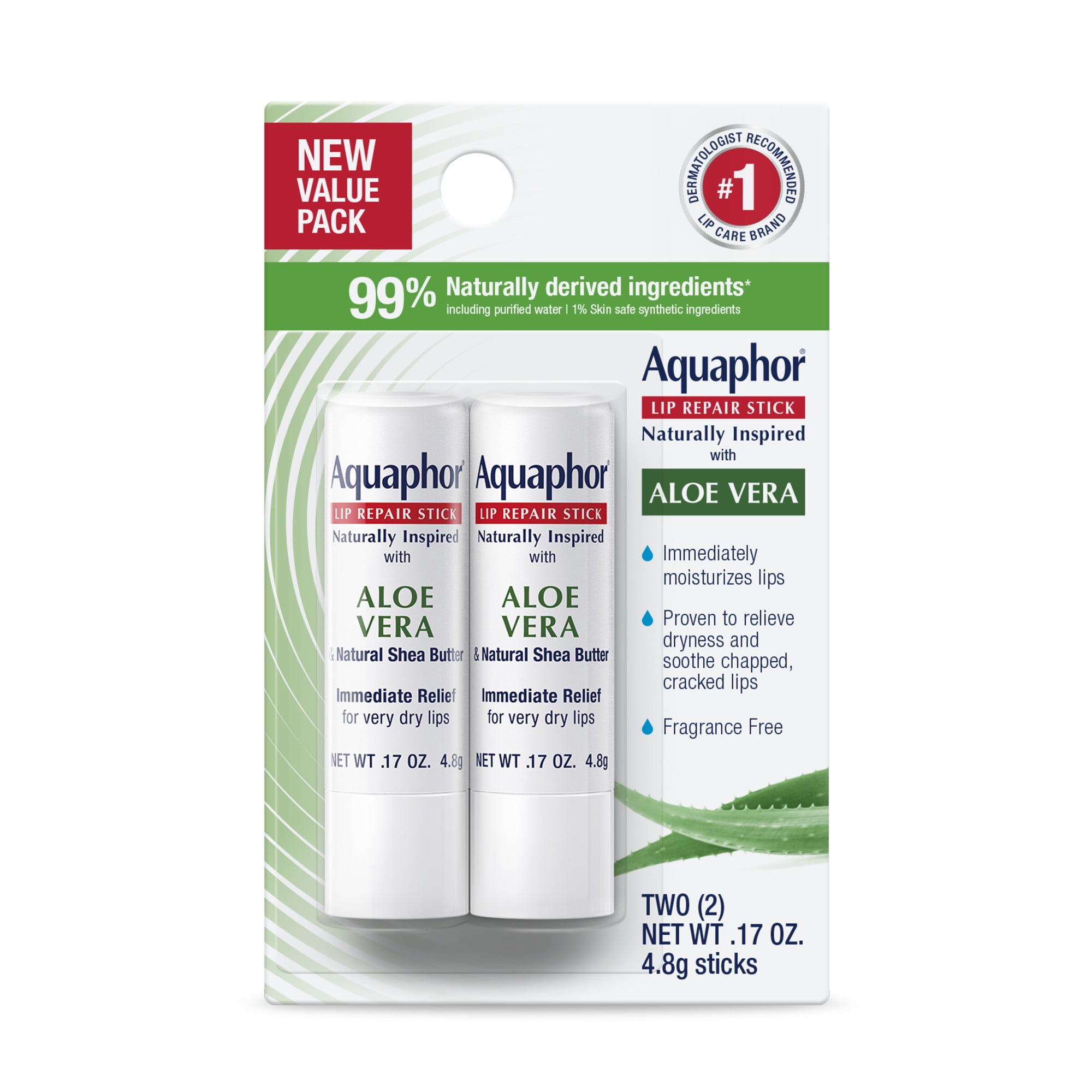 (3 pack) Aquaphor Naturally Inspired Lip Repair Balm Stick for Very Dry Lips with Aloe Vera, 0.17 oz, 2 Pack