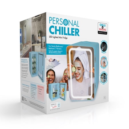 IONCHILL PERSONAL 6 CAN CHILLER LED LIGHTED MINI FRIDGE WITH MIRROR DOOR, BLUE