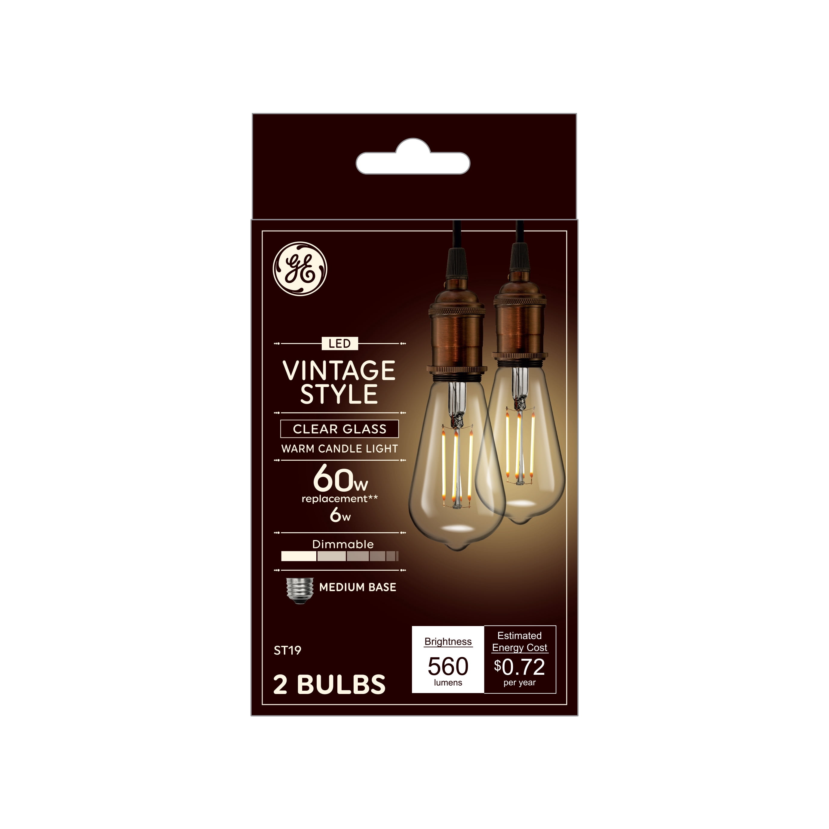 GE Vintage Style LED Light Bulbs, Edison Style Bulbs, Clear Finish, Warm Candle Light, 60 Watt Equivalent, Medium Base, Dimmable (2 Pack)