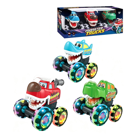 3 Pack Monster Truck Toy - Motion Activated Light Up Cars for Kids - Monster Glow Rover LED Wheels - Kids Boy Toys - Press and Go Dinosaur Trucks for Kids Boy Birthday Gifts