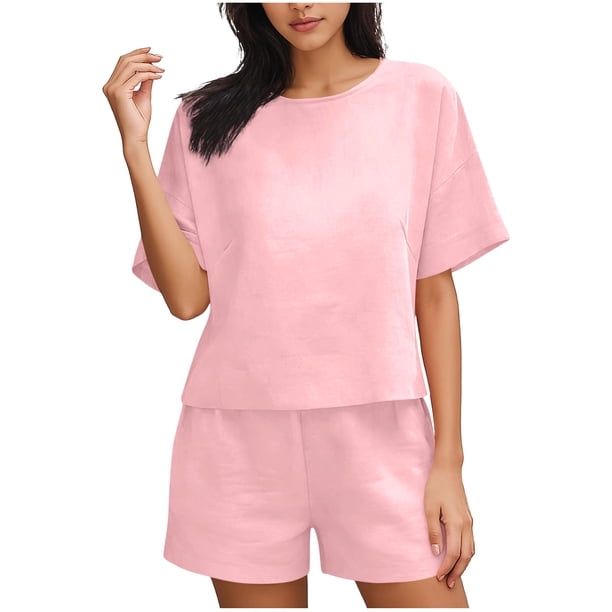 Conjunto Corto Casual para las Mujeres Manga Corta Bolsillo Pantalones Cortos Pantalones de Señoras Conjunto con Cuello Redondo Top, Ropa Casual de Verano