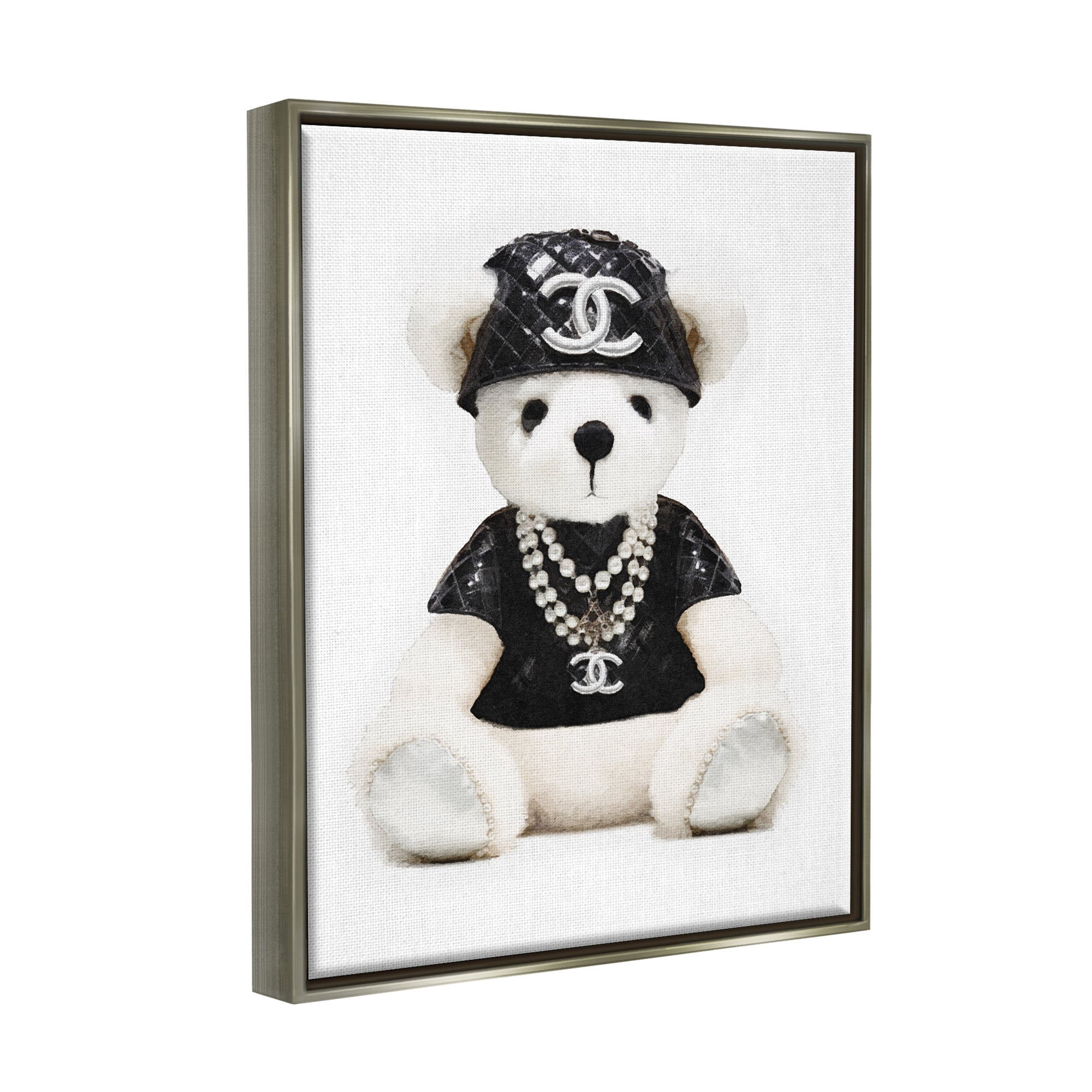 Stupell Industries Fashion Teddy Bear Beauty & Fashion Painting Gray Floater Framed Canvas Art Print Wall Art, 25 x 31