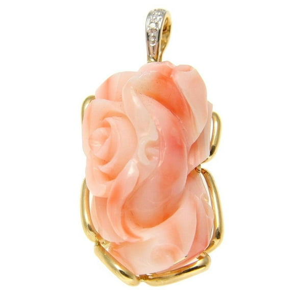 Genuine natural pink coral carved flower diamond pendant enhancer solid 14k gold