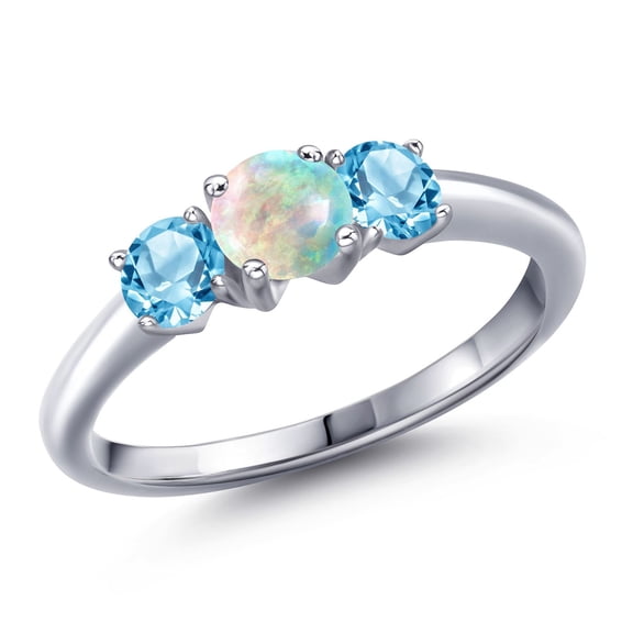 Gem Stone King 925 Sterling Silver Simulated White Opal and Swiss Blue Topaz Engagement Ring for Women | 1.21 Cttw | Round Cabochon 5MM | Gemstone October Birthstone | Size 9