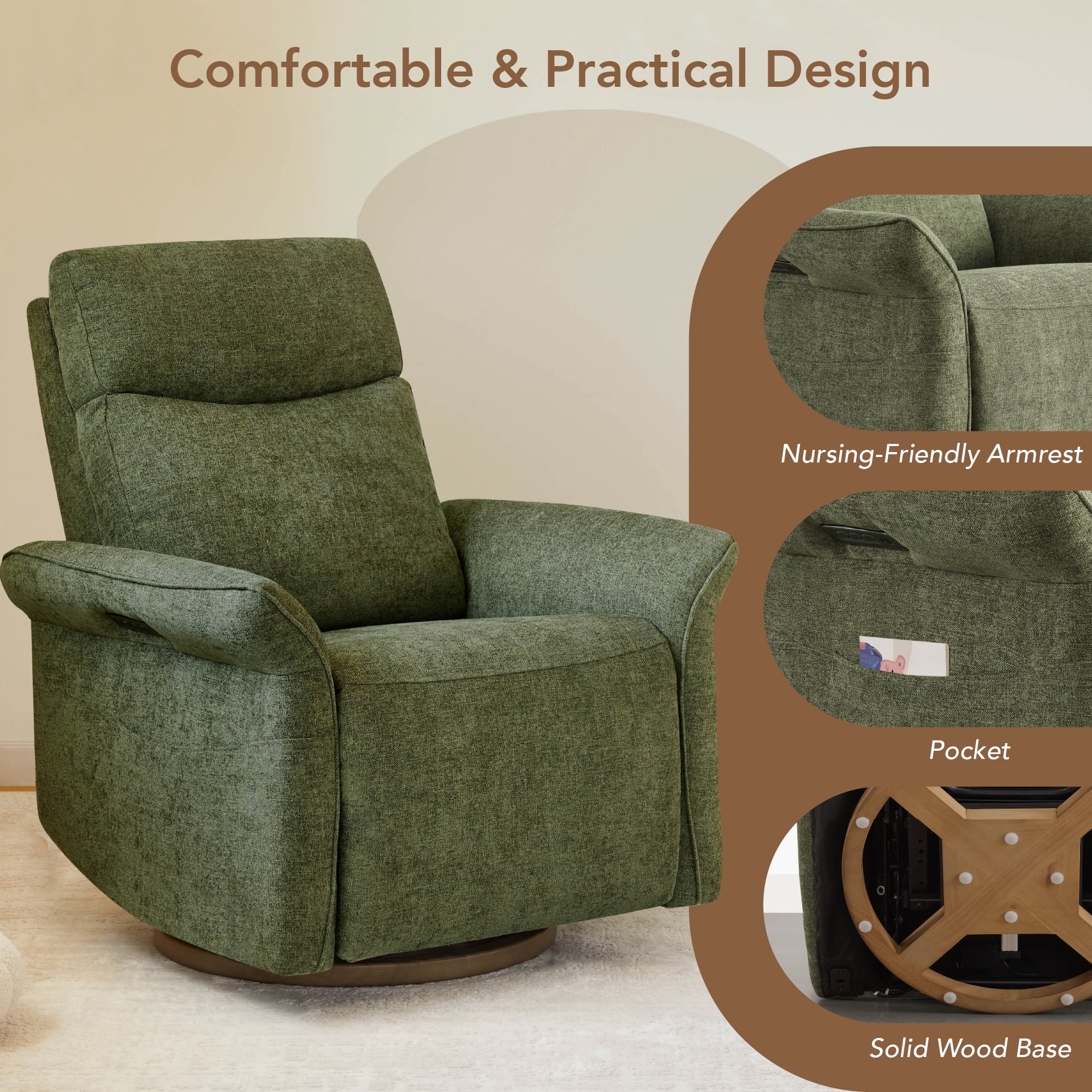 Spruce & Spring Triple Motor Power Swivel Recliner for Mothers, Moss Green-Linen-like Fabric