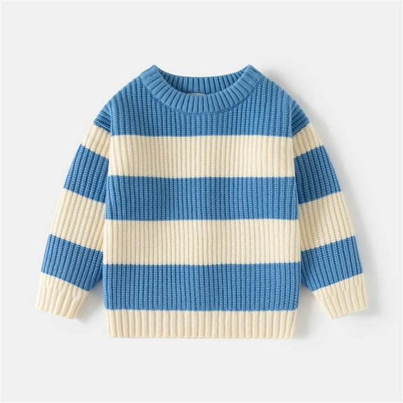 Piuwrlz Girls Winter Knitted Sweaters Kids Sweatershirt Comfortable Round Neck Stripe Pullover Sweater Blue Size 7 Years