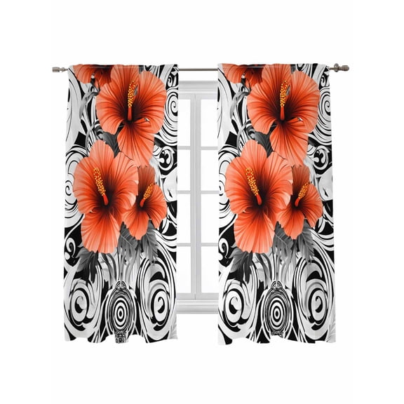 Red Black Spring Floral Curtains 72 Inch Length, Sheer Curtains for Bedroom Living Room Window Summer Botanical Geometric Rod Pocket Voile Drapes Kitchen Curtains Small Half Window 52"x72" 2 Panels