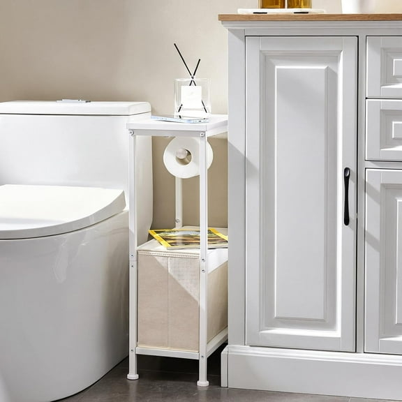 Narrow Bathroom Toilet Paper Storage Cabinet Organizer Sink Side Floor Table Stand with Tissue Roll Holder, Fabric Storage Drawer Bin with Lid, Slim Half Bath Furniture for Small Space, White