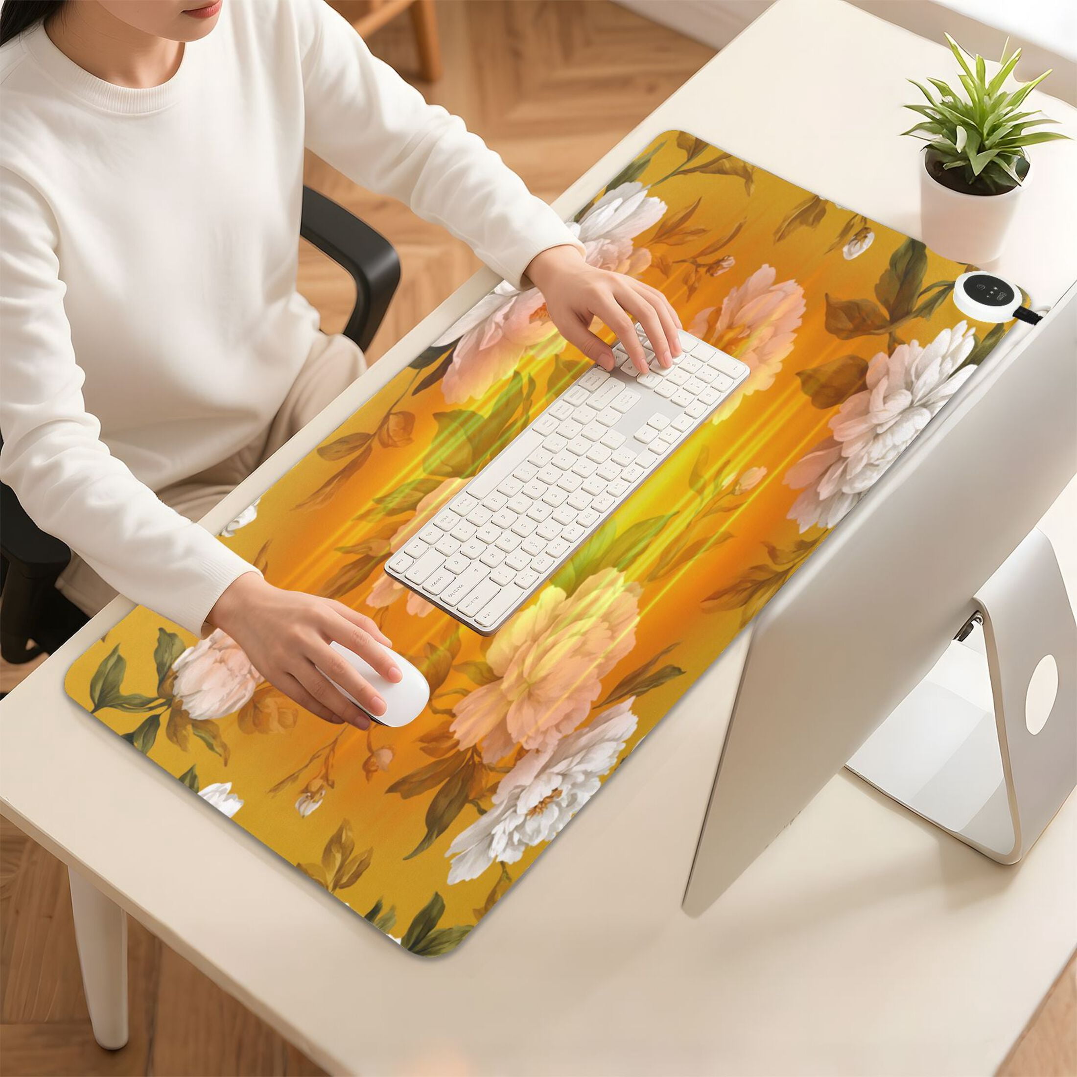 Large Heated Desk Mat Mouse Pad 31.5"x13"PU Leather Graphene Heating Desk Warmer with 3 Temperature Settings 110V US Plug Non-Slip Warm Pad for Home, Office, and Gaming Retro Yellow and White Peony