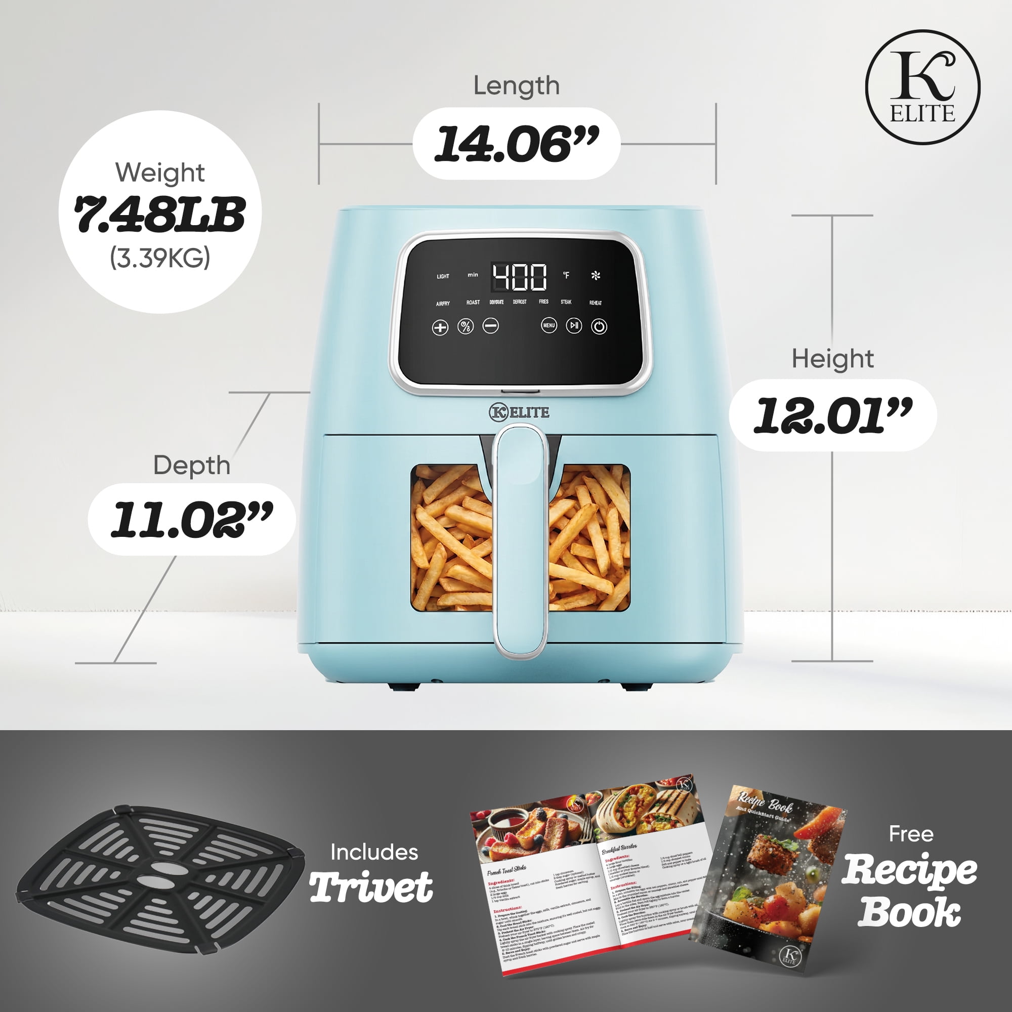 Kitchen Elite 5.5 Qt Digital Air Fryer, 7-in-1 Small Airfryer with LED Screen, Blue