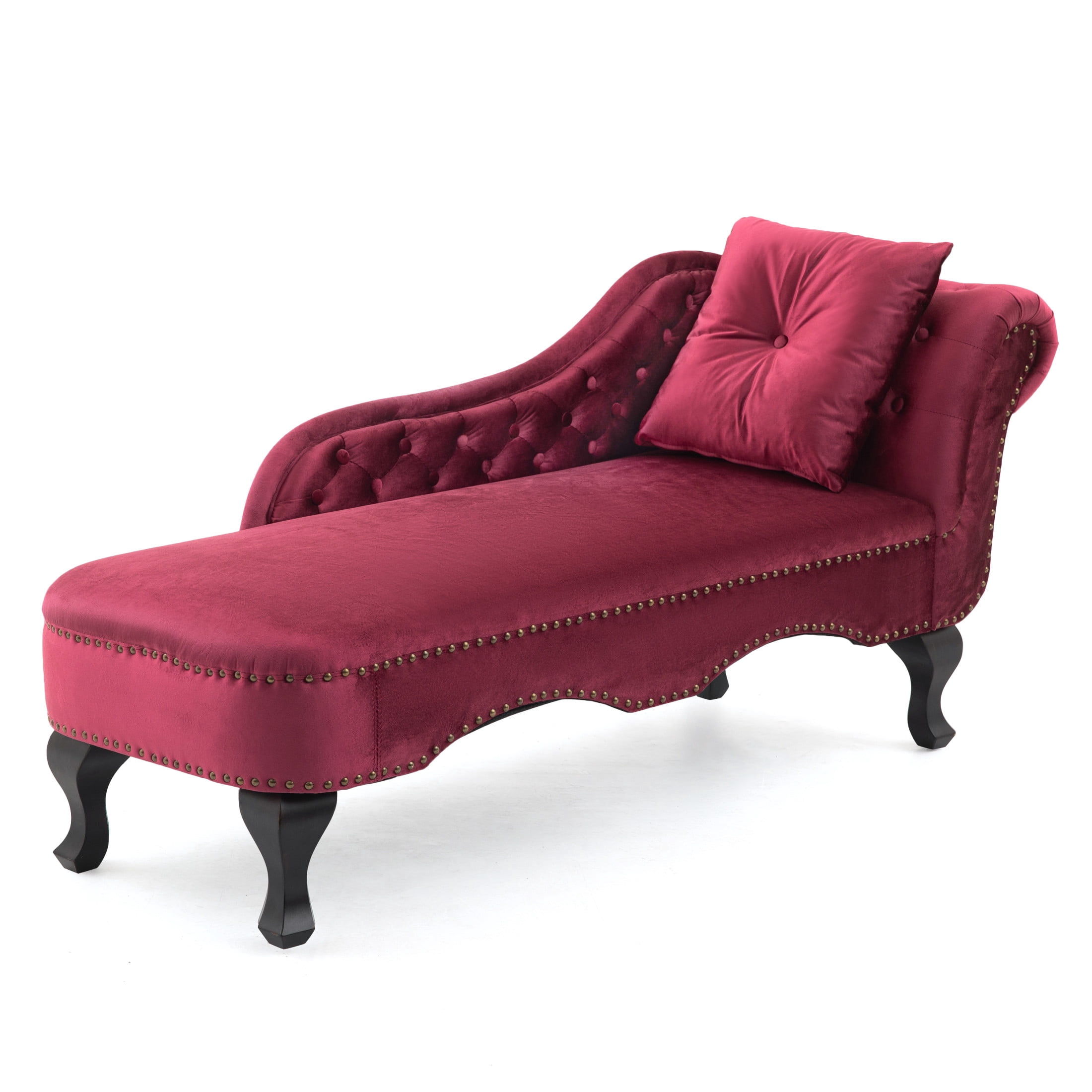Christopher Knight Home 62" Luxury Velvet Chaise Lounge Bench with Pillow, Right Scrolled Backrest & Nailhead Trim, Burgundy