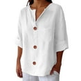 thumbnail image 2 of TODOZO Cotton Linen Shirts for Women 2025 Summer 3/4 Roll-Up Sleeve V Neck Button Down Tops Dressy Casual Oversized Tshirts Linen Tops for Women Loose Fit Gauze Work Blouses Solid Tunic Tops, 2 of 6