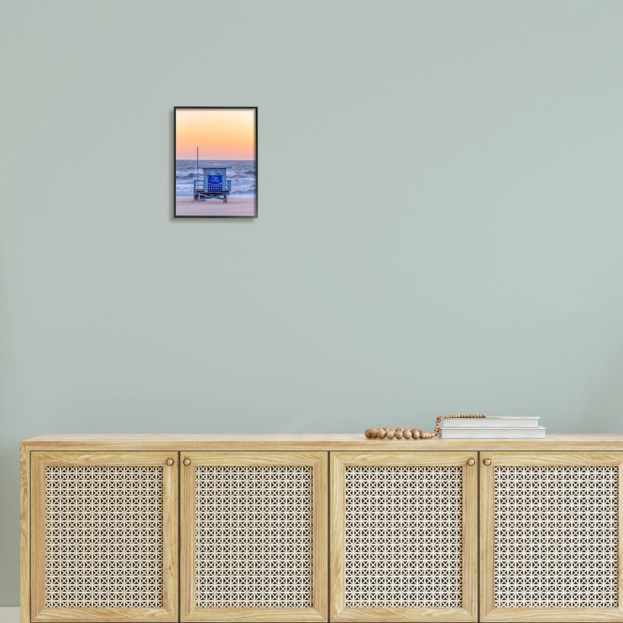 Stupell Industries Tranquil Orange Sunset Beach Hut Ocean Shore Photograph Black Framed Art Print Wall Art, Design by Jeff Poe
