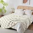 thumbnail image 4 of Exclusivo Mezcla Checkered Knit Blanket for Bed Twin Size, Ultra Soft Cozy Fluffy Blanket, Lightweight Fuzzy Throw for Couch and Bed, Khaki, 60"x80", 4 of 9