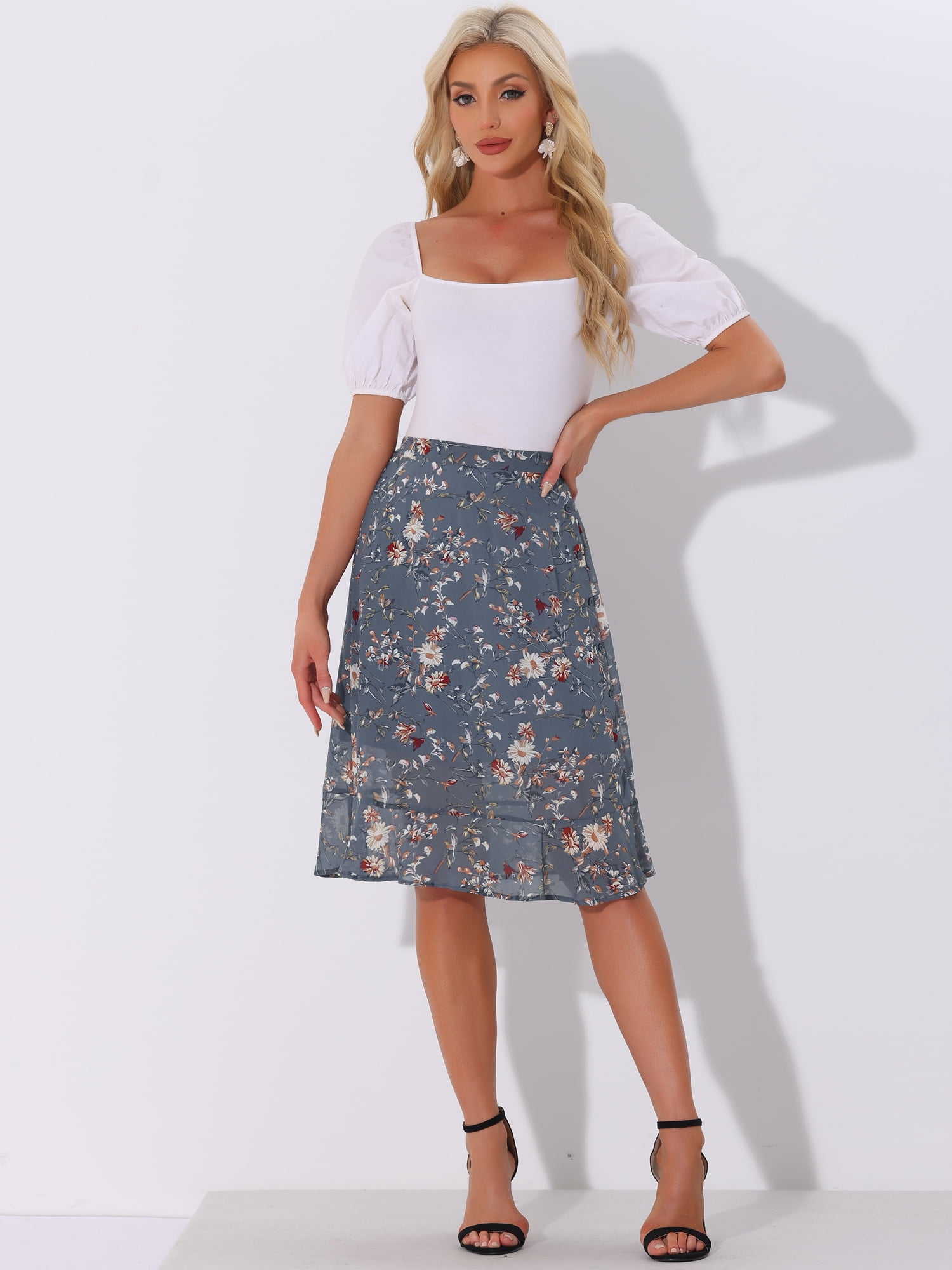 DARING DIVA Women's Floral Ruffle Hem Elastic Back Split Skirt L Grey Blue