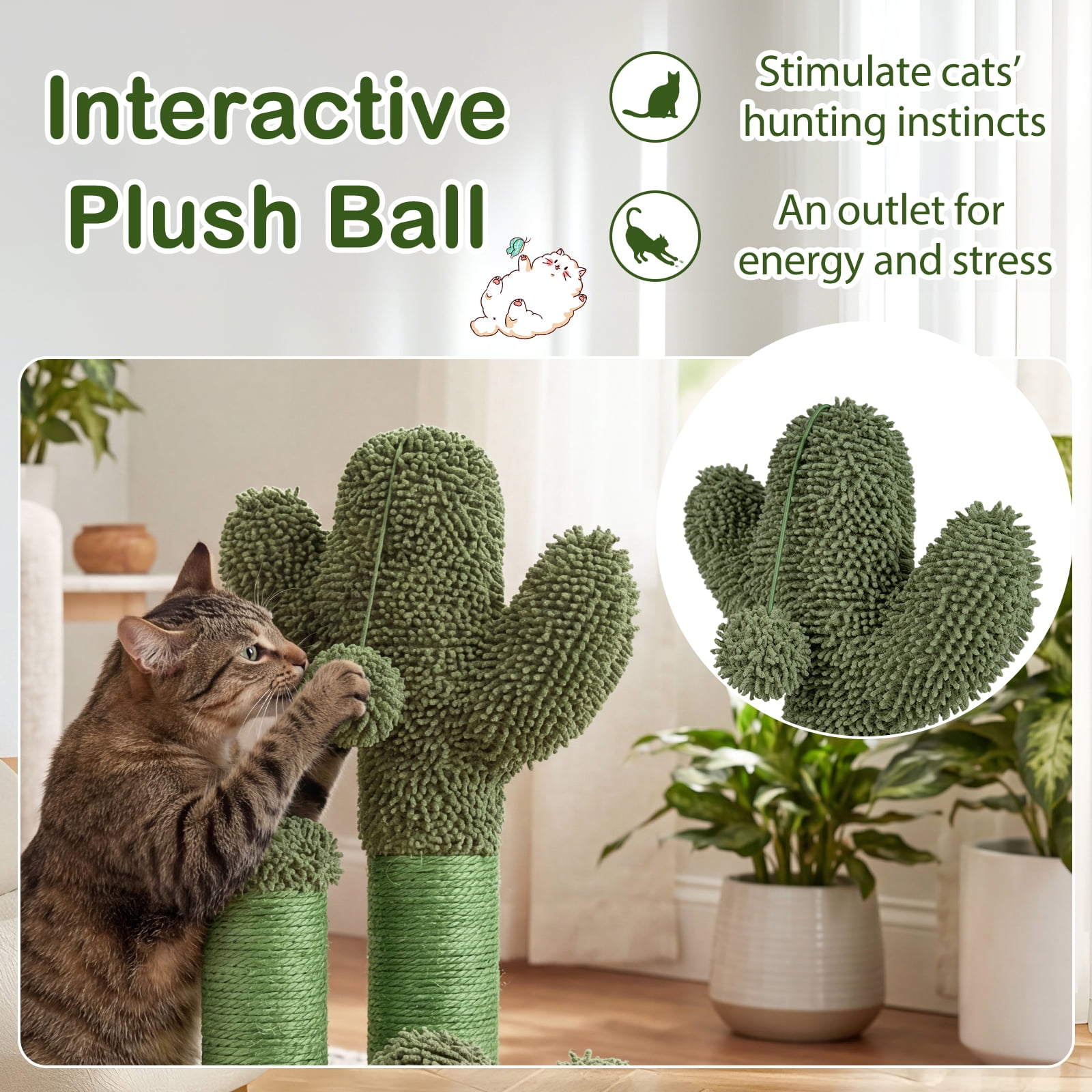 Gymax 22'' Cactus Cat Scratching Post Cute Vertical Cat Claw Scratcher w/ Sisal Rope Green