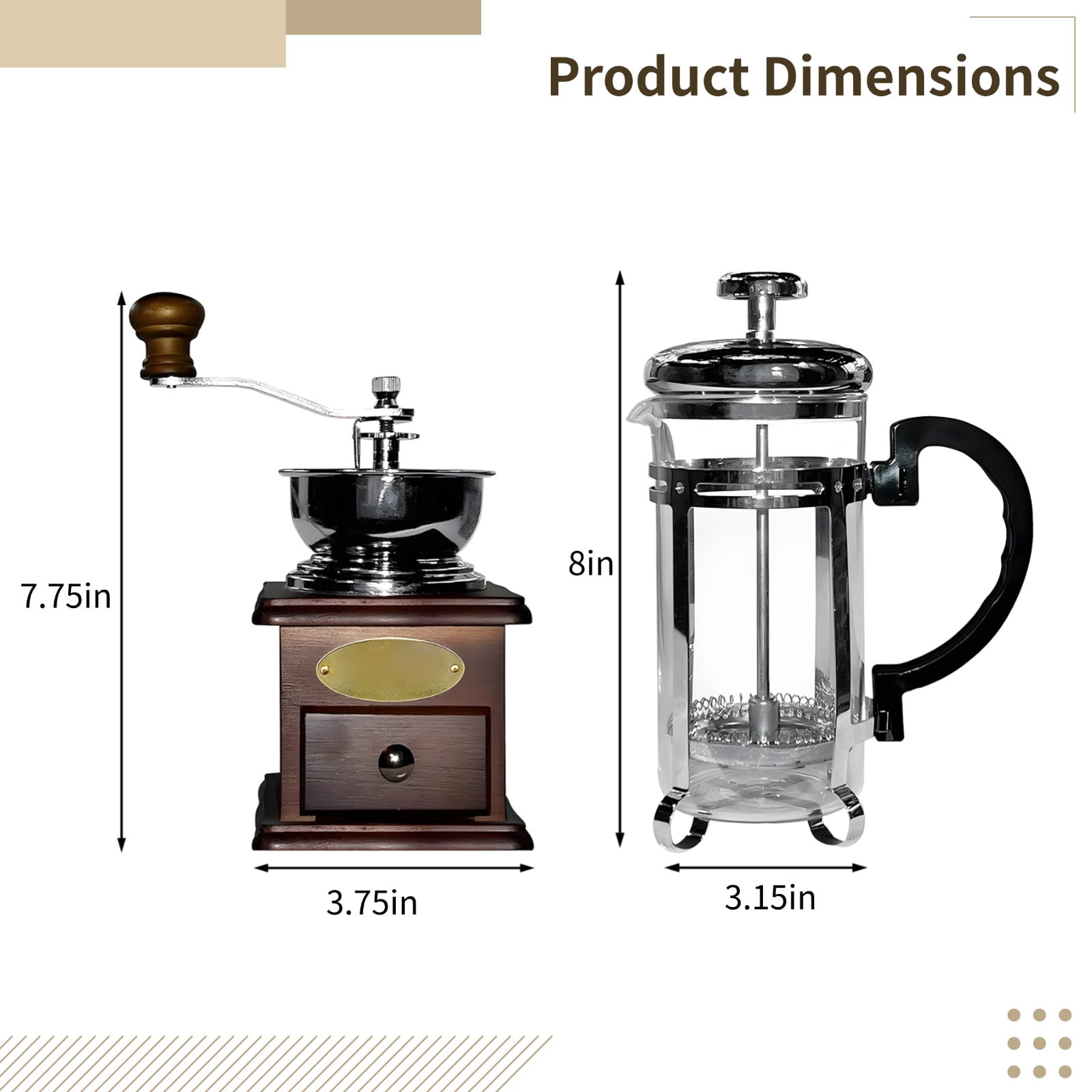 French Press Coffee Grinder Set - Metal & Wood Design, Burr Grinder & French Press for Smooth Coffee, Ideal for Home & Camping, Coffee Table Decor, 7.9 x 5.1 x 2.6 inches