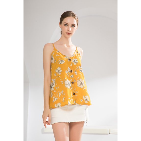 Wenseny Strappy Tank-Tops for Women Floral-Prints Button-Down V-Neck Sexy Sleeveless-Blouses Casual Cami-Shirts Yellow XL