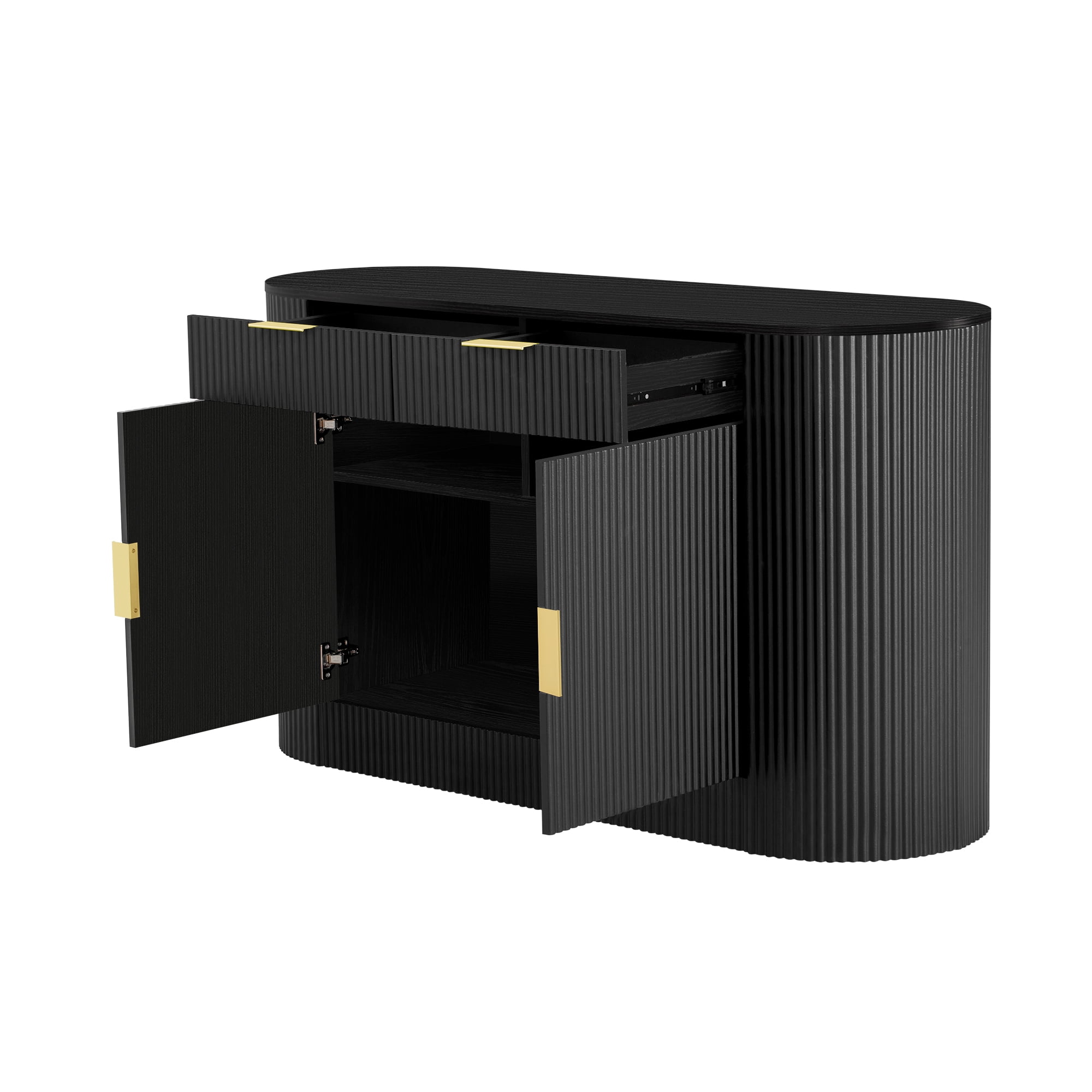 Euroco Modern Buffet Cabinet with Storage, 55.1" Large Sideboard with 2 Drawers,Curved Side Door & 3-Tier Shelves, Wood Coffee Bar Cabinets for Kitchen Living Room,Black